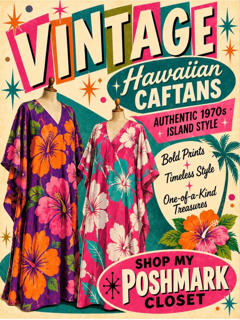 Vintage Hawaiian Caftan Dress - Pink & Purple Floral- Made in Hawaii